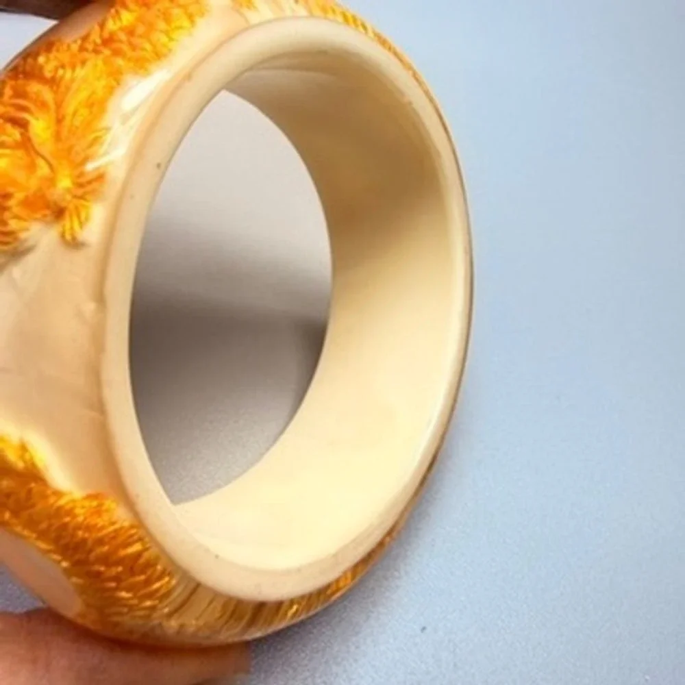 Chunky Vintage Asian Dragon White and Gold Lucite Bangle Bracelet 7.5